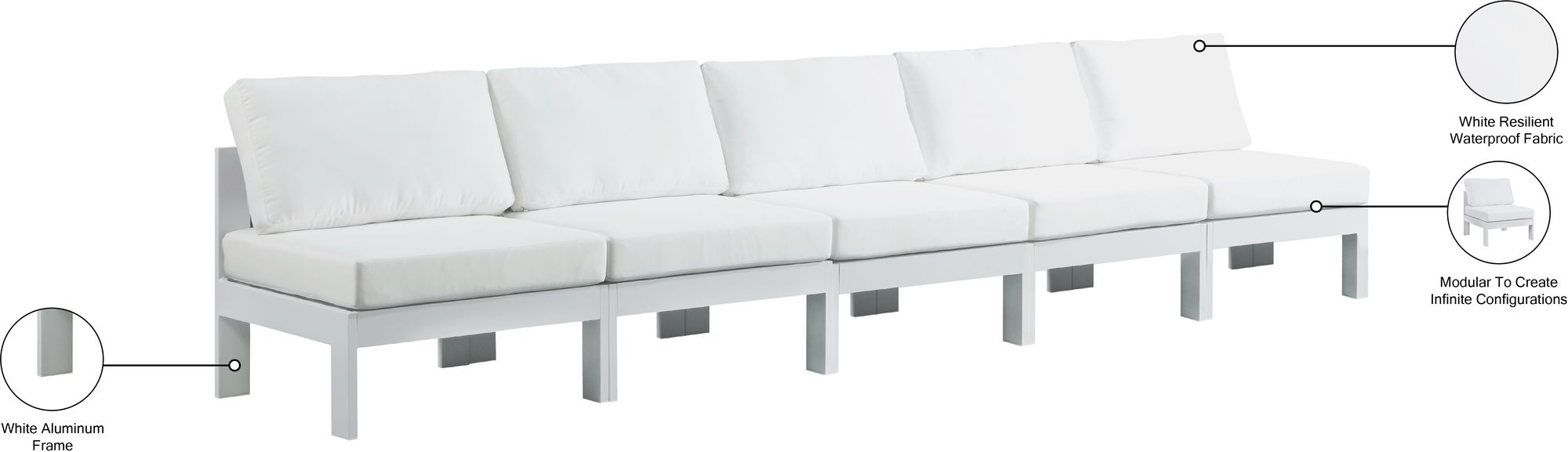 Nizuc 150" Outdoor Patio Waterproof Fabric Armless Modular Sofa with White Aluminum Frame