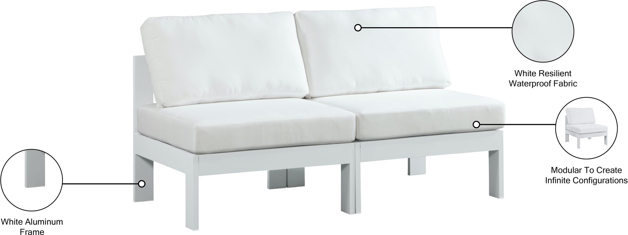 Nizuc 60" Outdoor Patio Waterproof Fabric Armless Modular Sofa with White Aluminum Frame