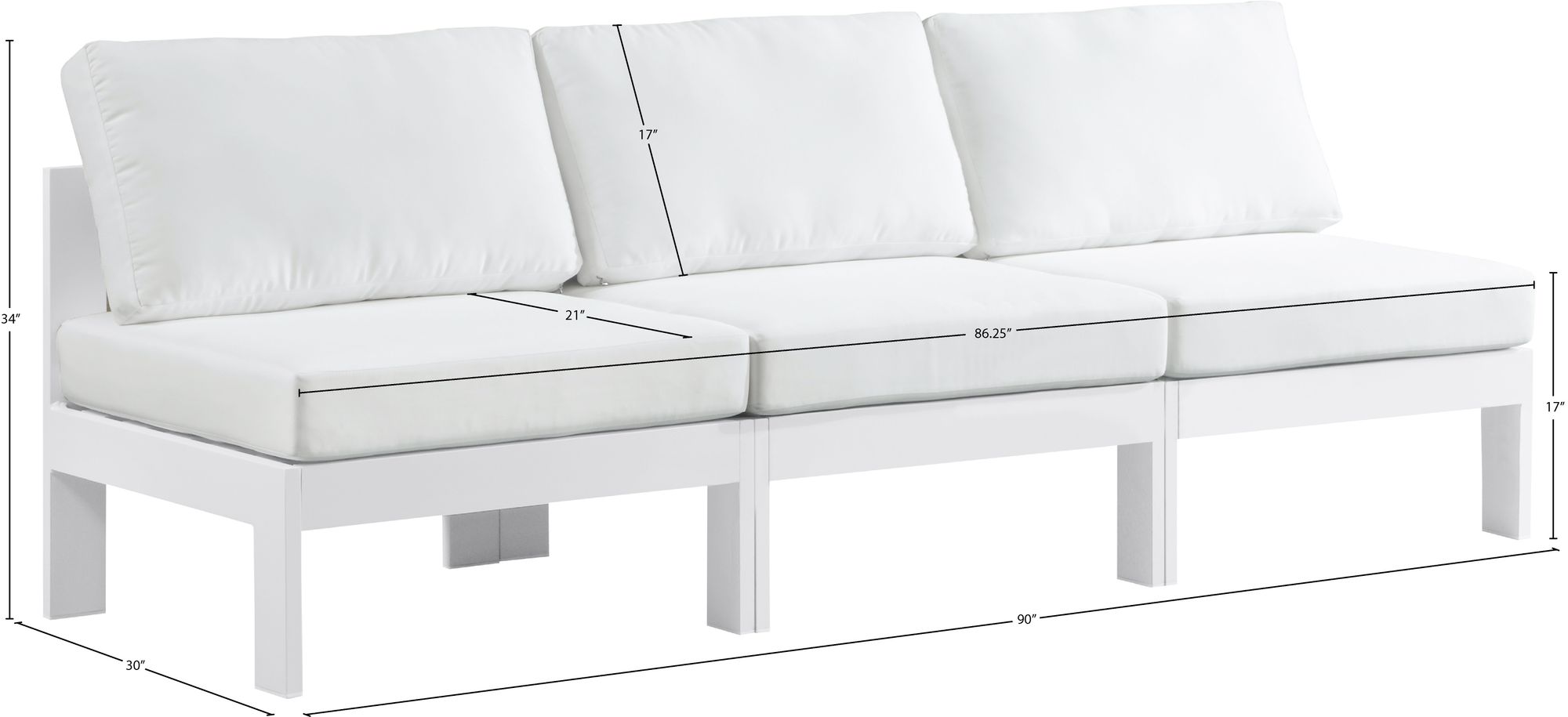 Nizuc 90" Outdoor Patio Waterproof Fabric Armless Modular Sofa with White Aluminum Frame