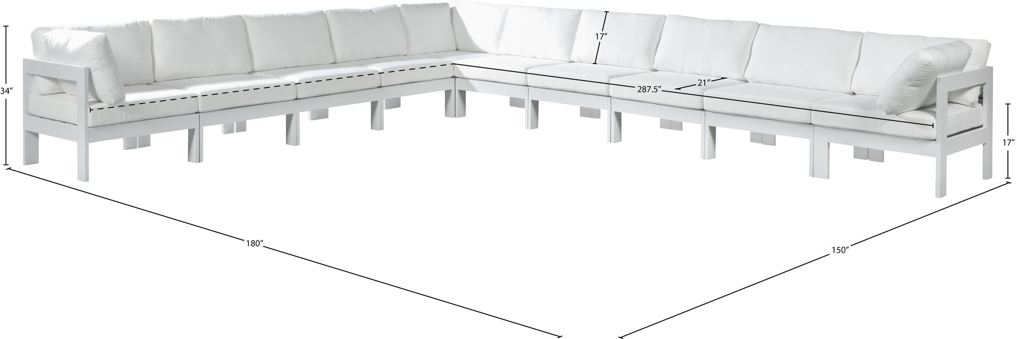 Nizuc 180" 10-Piece Outdoor Patio Waterproof Fabric Modular Sectional with White Aluminum Frame