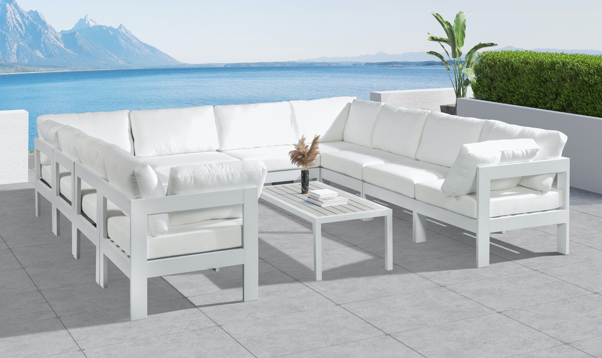 Nizuc 120" 10-Piece Outdoor Patio Waterproof Fabric Modular U-Shape Sectional with White Aluminum Frame