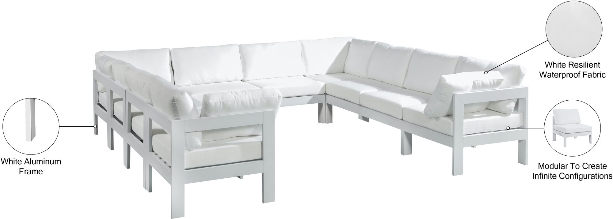 Nizuc 120" 10-Piece Outdoor Patio Waterproof Fabric Modular U-Shape Sectional with Aluminum Frame