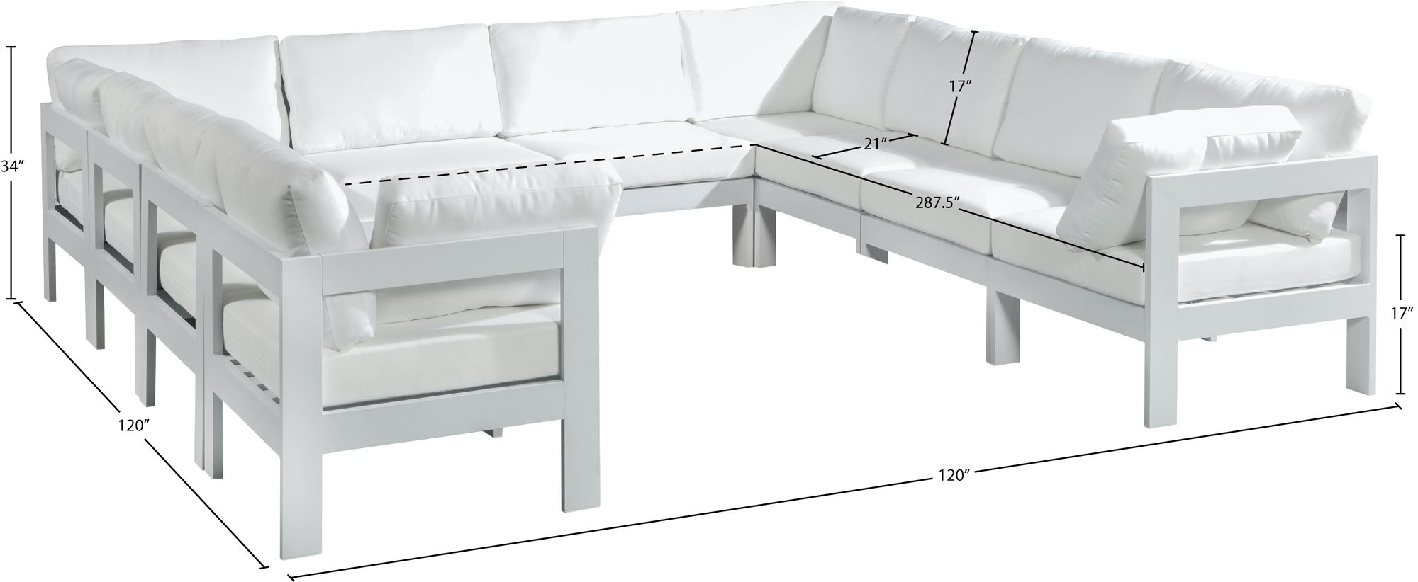 Nizuc 120" 10-Piece Outdoor Patio Waterproof Fabric Modular U-Shape Sectional with Aluminum Frame