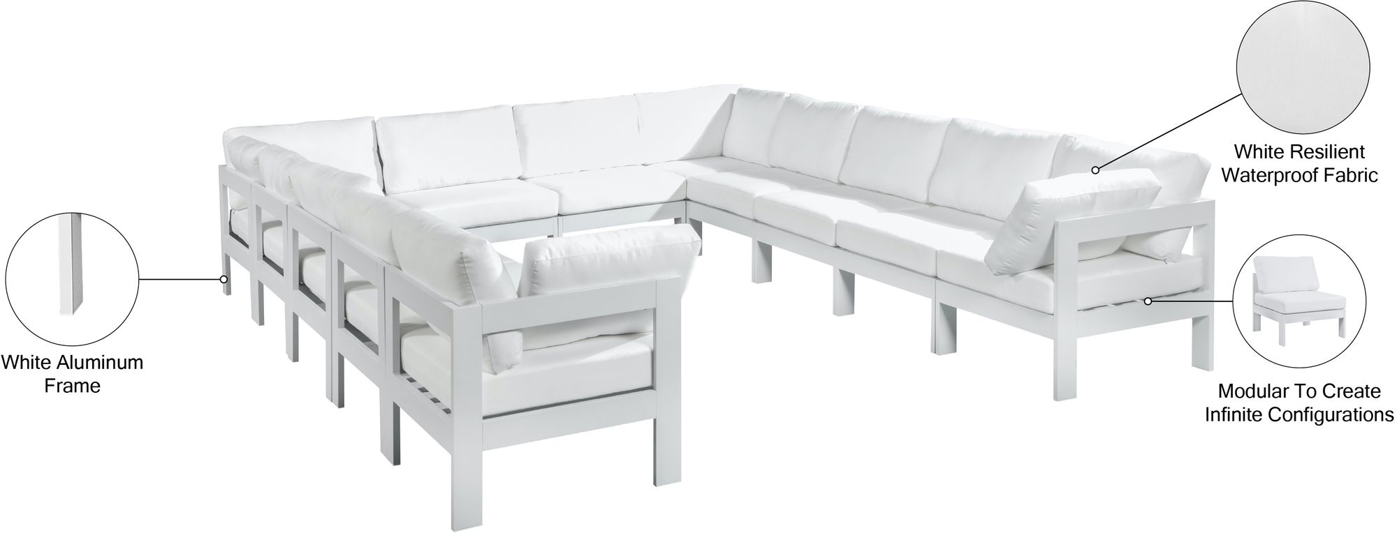 Nizuc 120" 12-Piece Outdoor Patio Waterproof Fabric Modular U-Shape Sectional with White Aluminum Frame