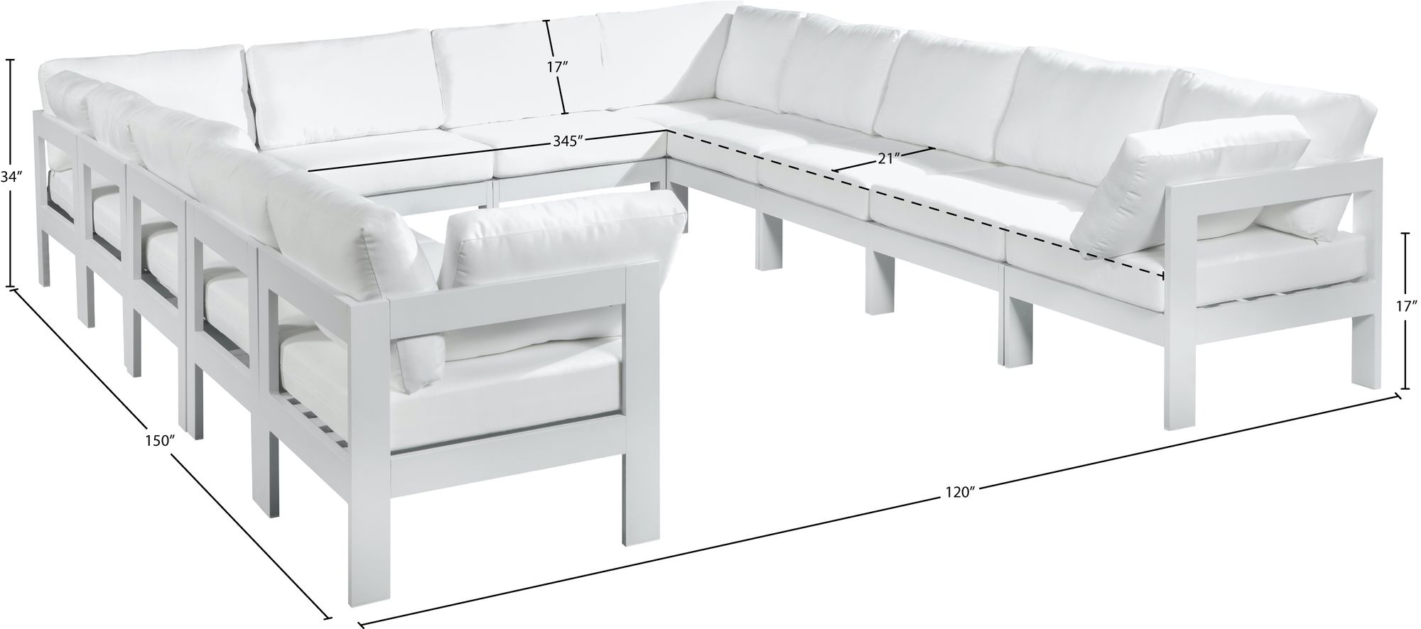 Nizuc 120" 12-Piece Outdoor Patio Waterproof Fabric Modular U-Shape Sectional with Aluminum Frame
