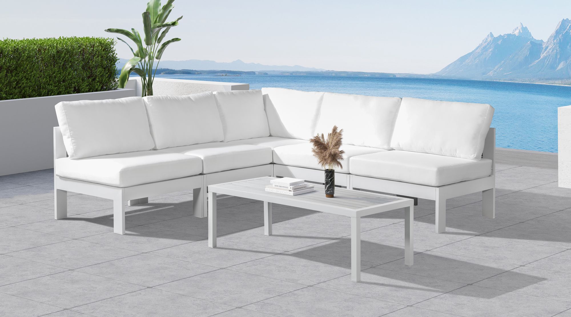 Nizuc 90" 5-Piece Outdoor Patio Waterproof Fabric Modular Armless Sectional with White Aluminum Frame
