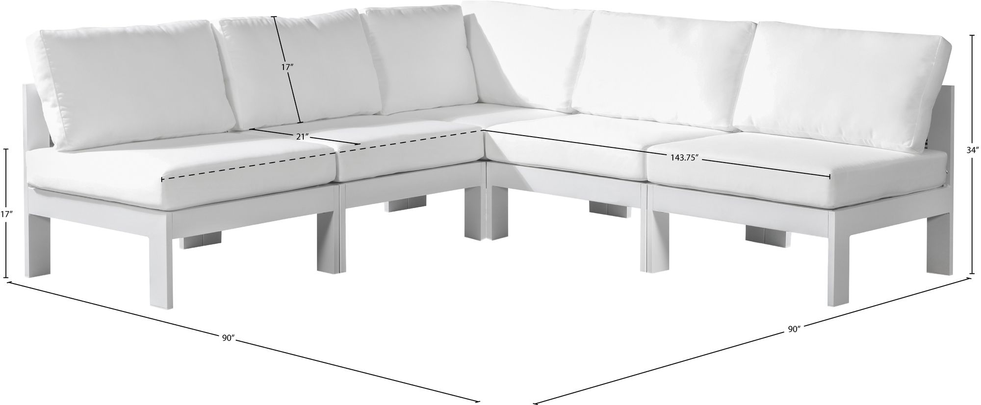 Nizuc 90" 5-Piece Outdoor Patio Waterproof Fabric Modular Armless Sectional with White Aluminum Frame