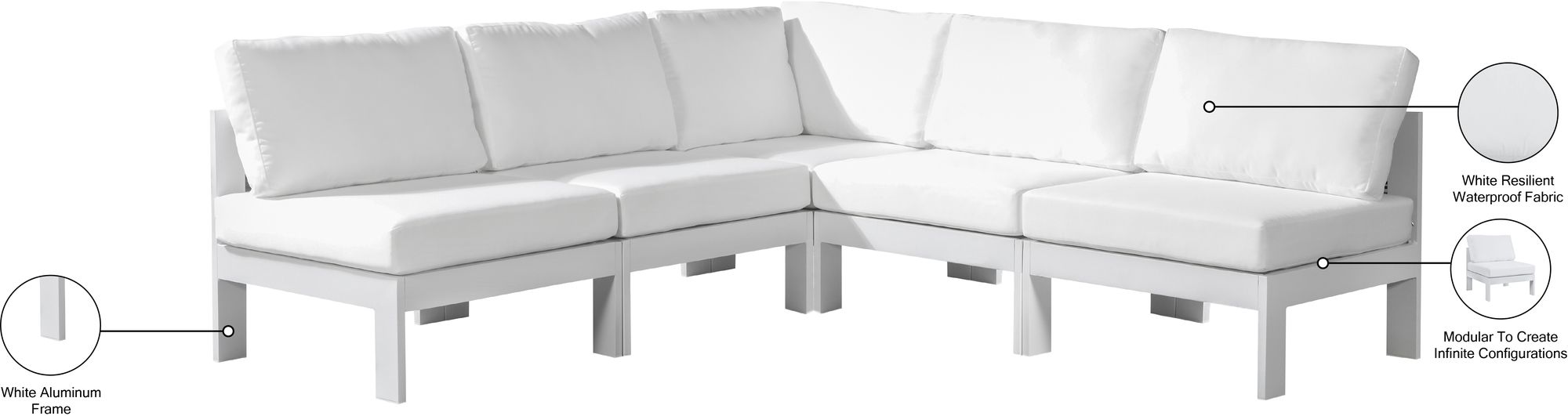 Nizuc 90" 5-Piece Outdoor Patio Waterproof Fabric Modular Armless Sectional with White Aluminum Frame