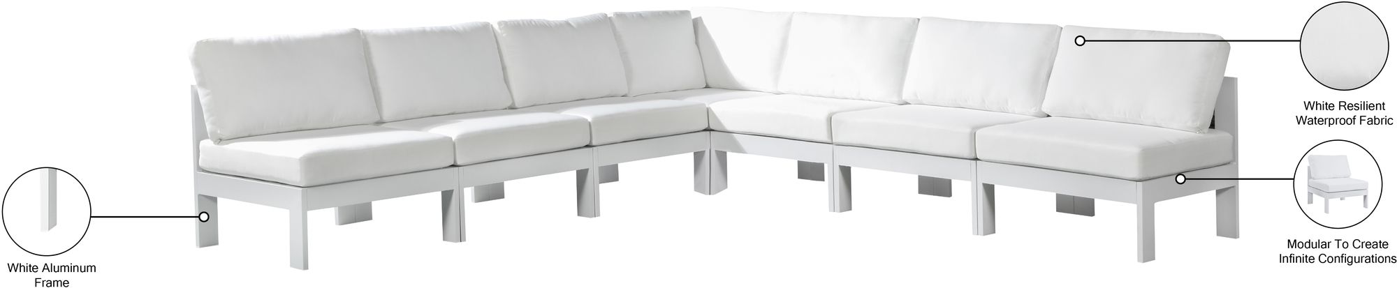 Nizuc 120" 7-Piece Outdoor Patio Waterproof Fabric Modular Armless Sectional with White Aluminum Frame