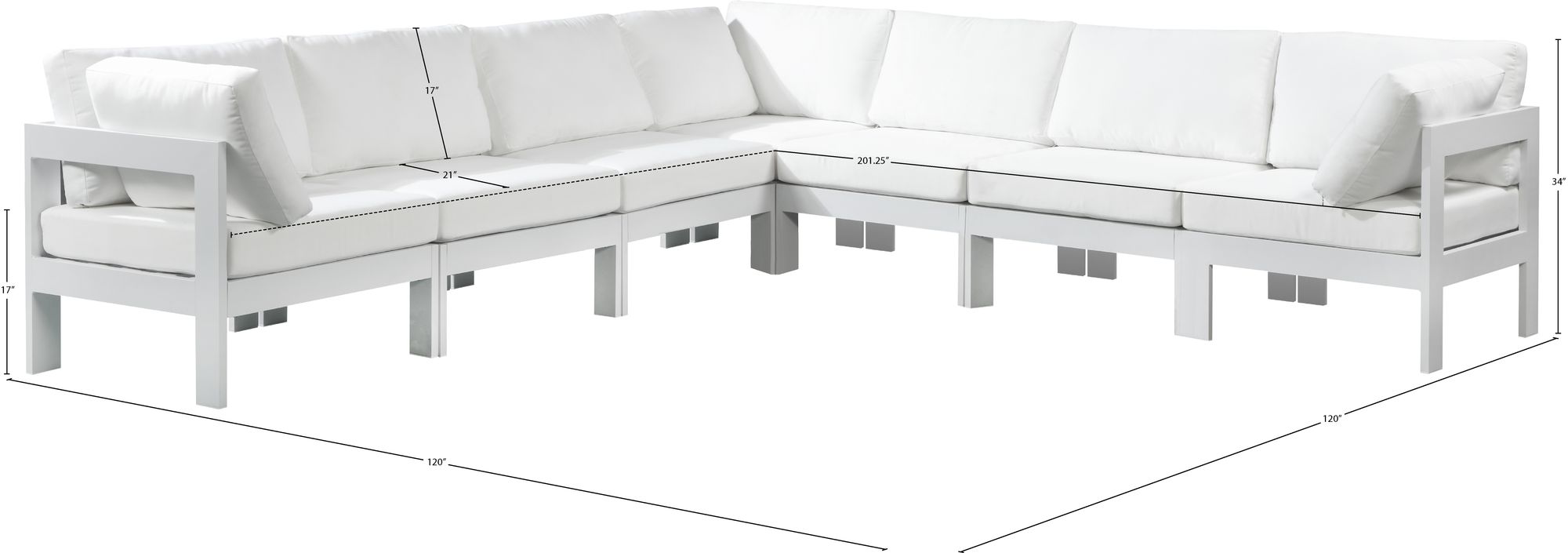 Nizuc 120" 7-Piece Outdoor Patio Waterproof Fabric Modular Sectional with White Aluminum Frame