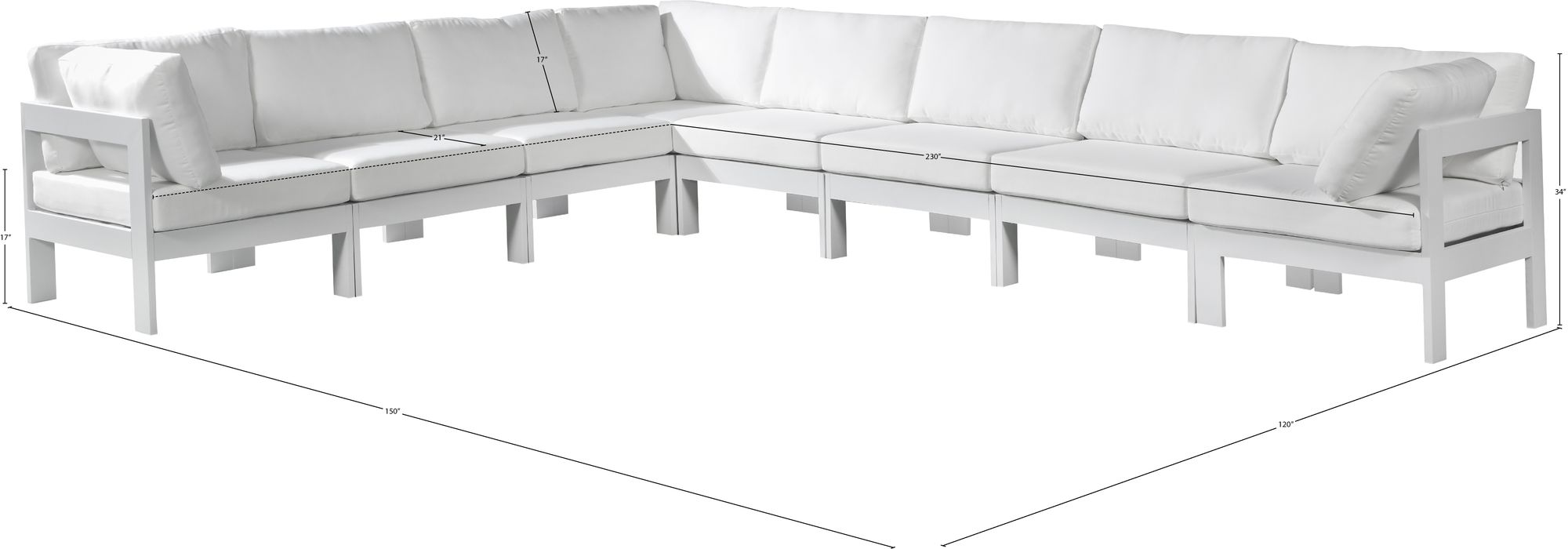 Nizuc 150" 8-Piece Outdoor Patio Waterproof Fabric Modular Sectional with White Aluminum Frame