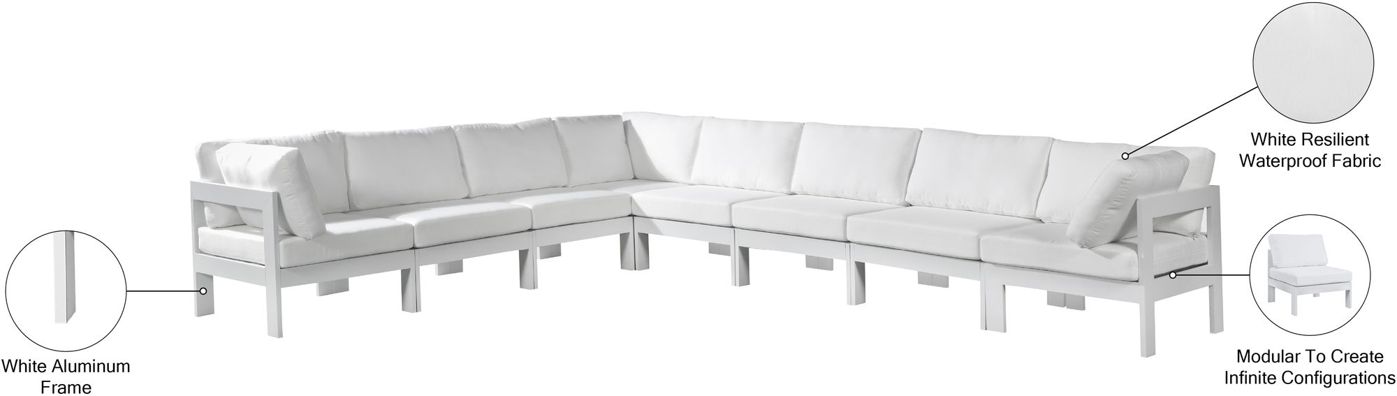 Nizuc 150" 8-Piece Outdoor Patio Waterproof Fabric Modular Sectional with White Aluminum Frame