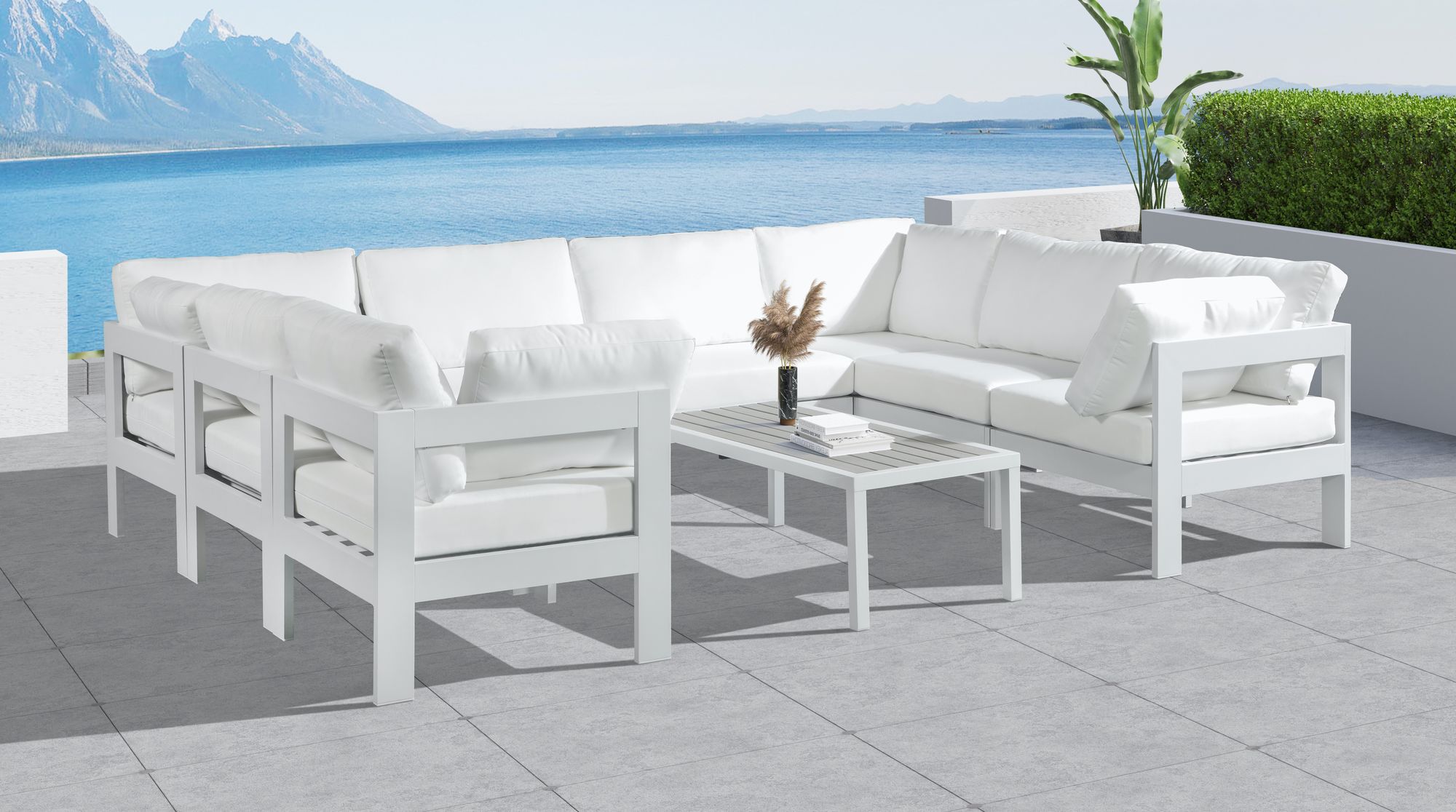 Nizuc 120" 8-Piece Outdoor Patio Waterproof Fabric Modular U-Shape Sectional with White Aluminum Frame