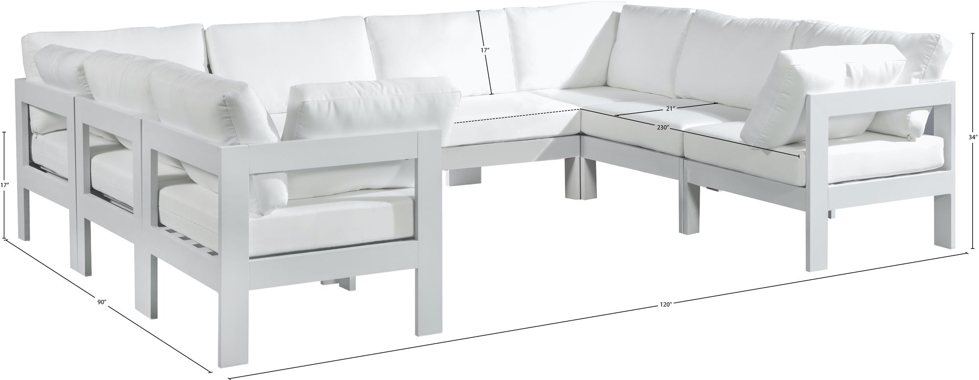 Nizuc 120" 8-Piece Outdoor Patio Waterproof Fabric Modular U-Shape Sectional with White Aluminum Frame