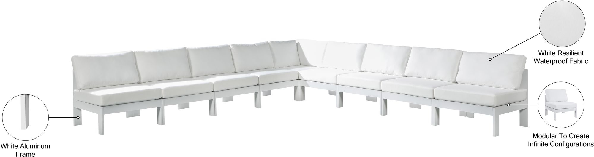 Nizuc 150" 9-Piece Outdoor Patio Waterproof Fabric Modular Armless Sectional with Aluminum Frame