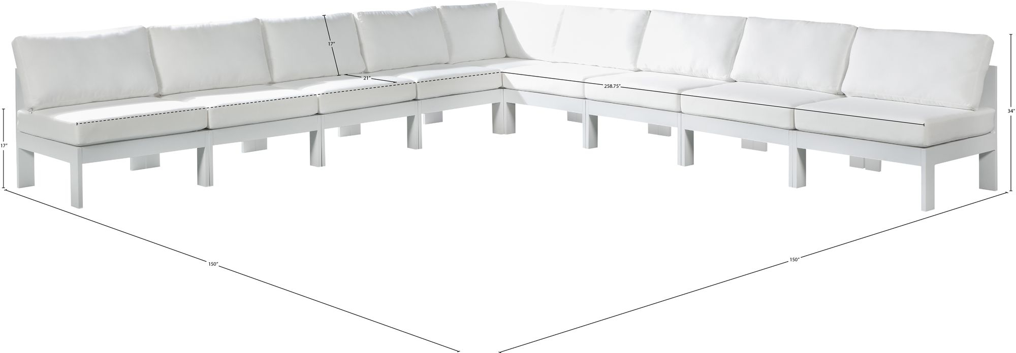 Nizuc 150" 9-Piece Outdoor Patio Waterproof Fabric Modular Armless Sectional with Aluminum Frame