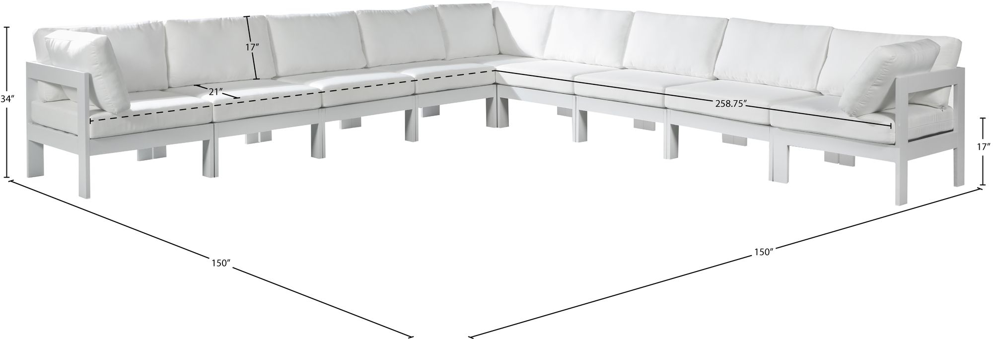 Nizuc 150" 9-Piece Outdoor Patio Waterproof Fabric Modular Sectional with Aluminum Frame