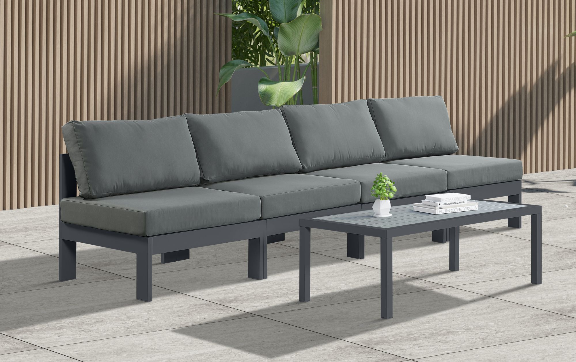 Nizuc 120" Outdoor Patio Waterproof Fabric Armless Modular Sofa with Dark Grey Aluminum Frame