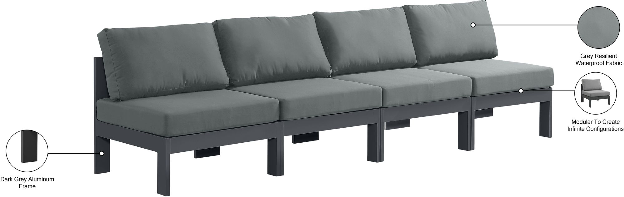 Nizuc 120" Outdoor Patio Waterproof Fabric Armless Modular Sofa with Aluminum Frame