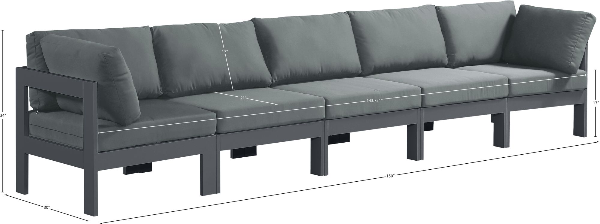 Nizuc 150" Outdoor Patio Waterproof Fabric Modular Sofa with Dark Grey Aluminum Frame