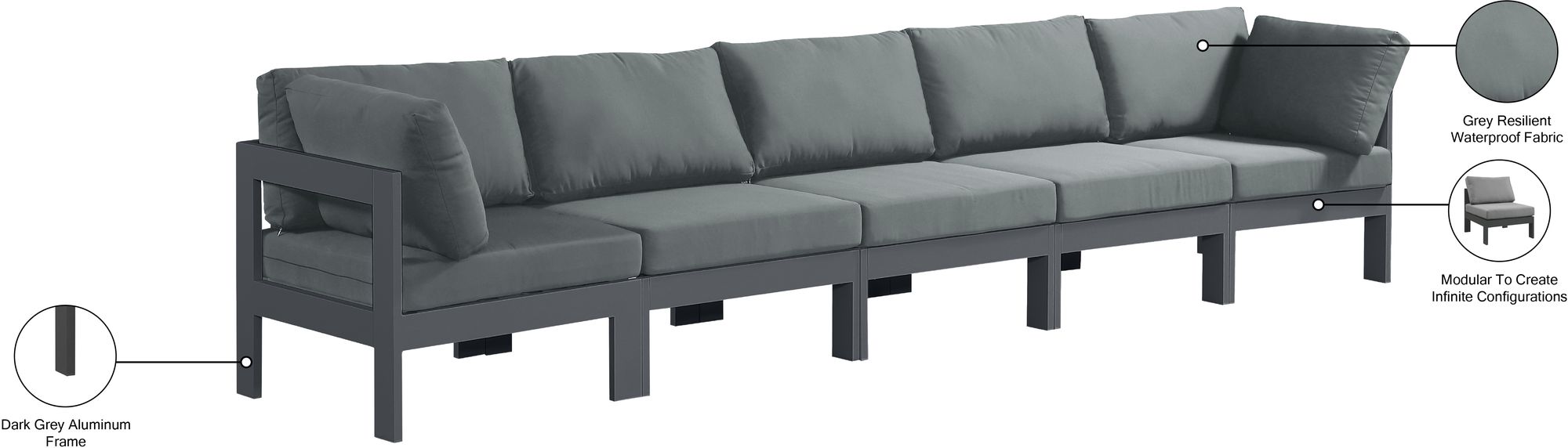 Nizuc 150" Outdoor Patio Waterproof Fabric Modular Sofa with Dark Grey Aluminum Frame