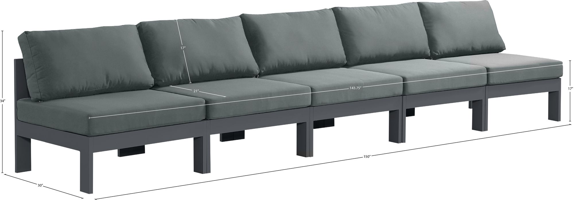 Nizuc 150" Outdoor Patio Waterproof Fabric Armless Modular Sofa with Dark Grey Aluminum Frame