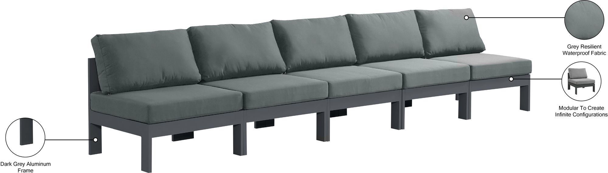 Nizuc 150" Outdoor Patio Waterproof Fabric Armless Modular Sofa with Aluminum Frame