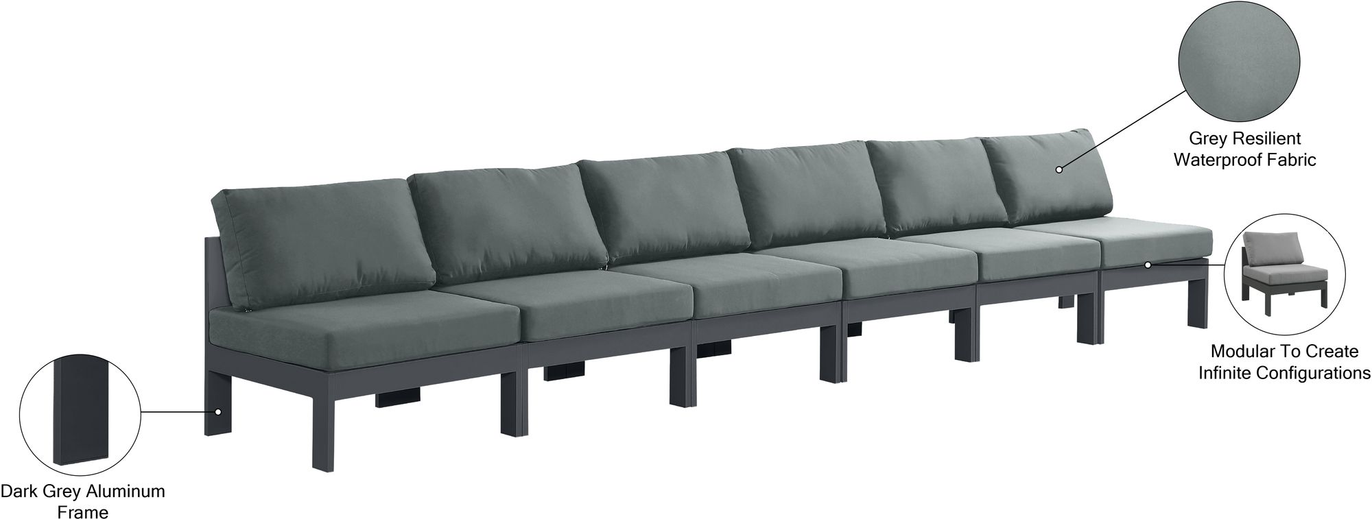 Nizuc 180" Outdoor Patio Waterproof Fabric Armless Modular Sofa with Aluminum Frame
