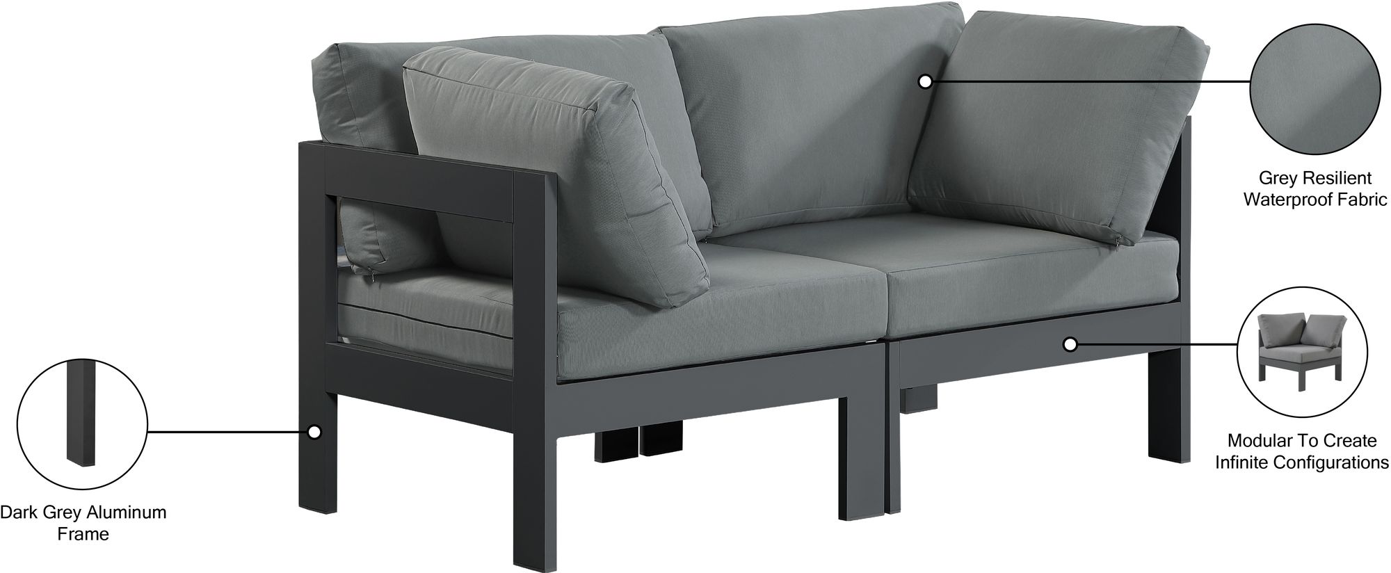Nizuc 60" Outdoor Patio Waterproof Fabric Modular Sofa with Dark Grey Aluminum Frame