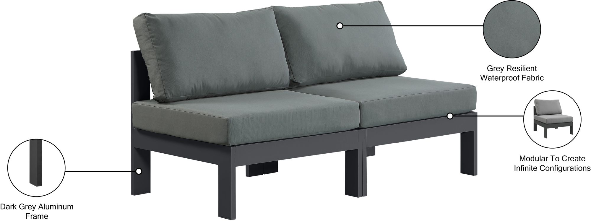 Nizuc 60" Outdoor Patio Waterproof Fabric Armless Modular Sofa with Aluminum Frame