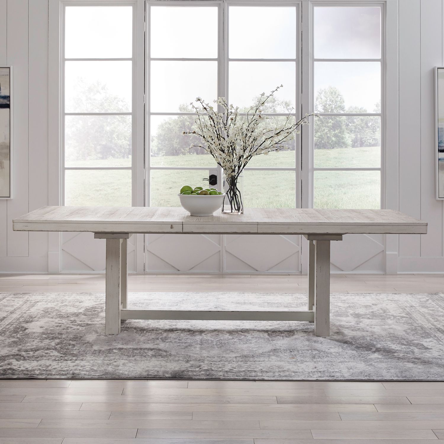 Backroads Extendable Trestle Dining Set | Weathered White Wood