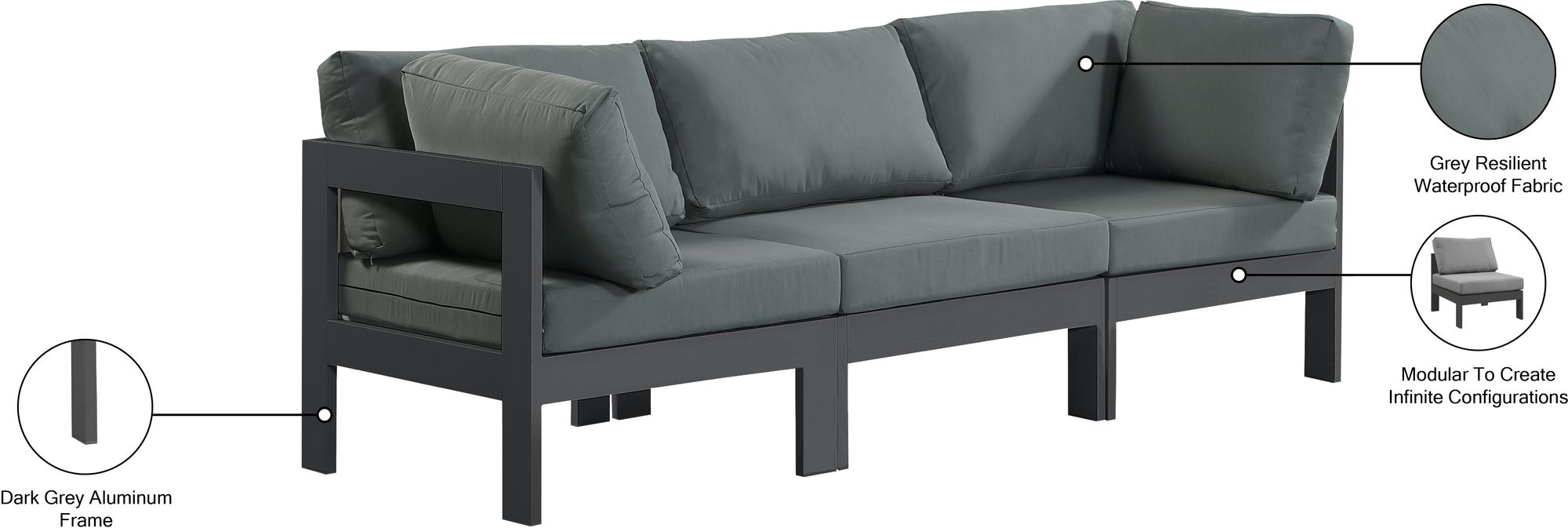 Nizuc 90" Outdoor Patio Waterproof Fabric Modular Sofa with Dark Grey Aluminum Frame