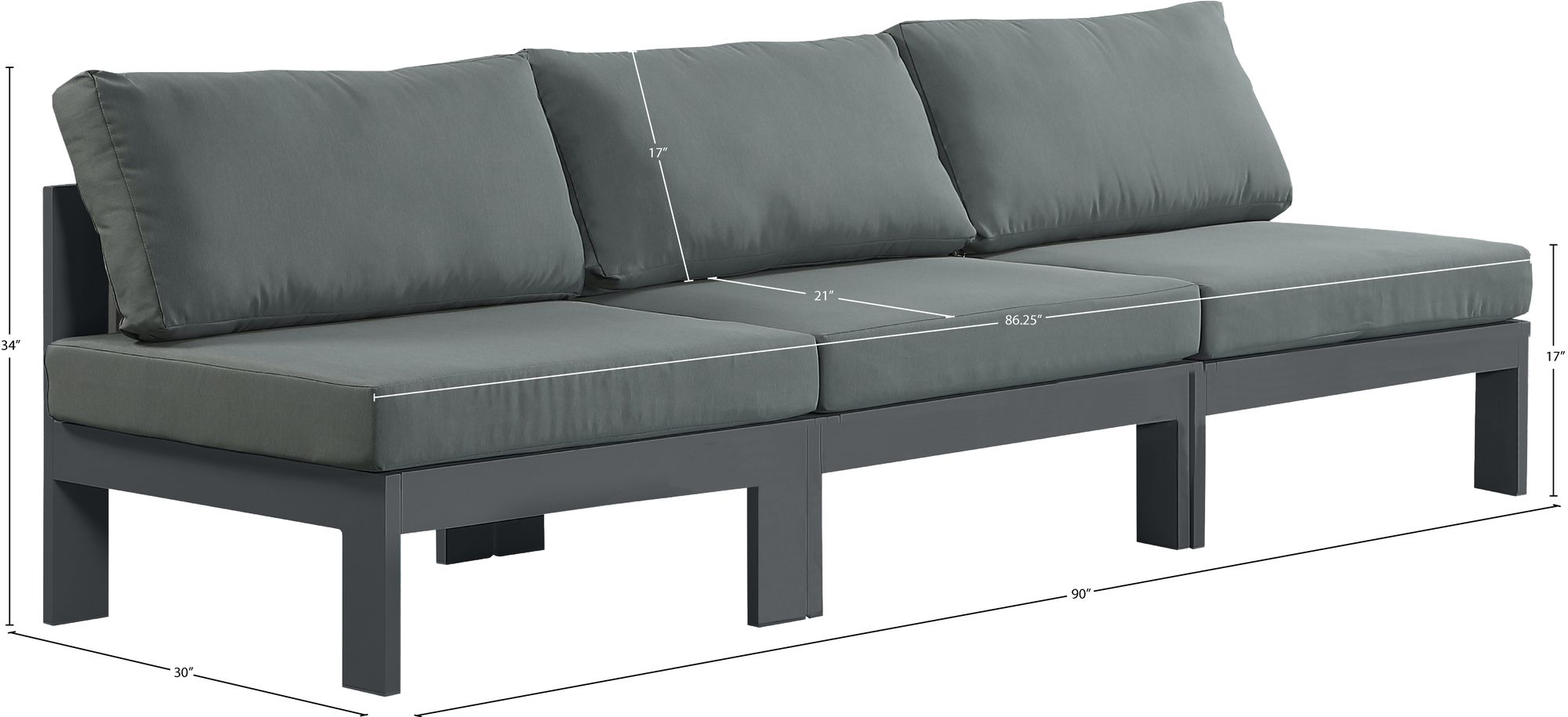 Nizuc 90" Outdoor Patio Waterproof Fabric Armless Modular Sofa with Dark Grey Aluminum Frame