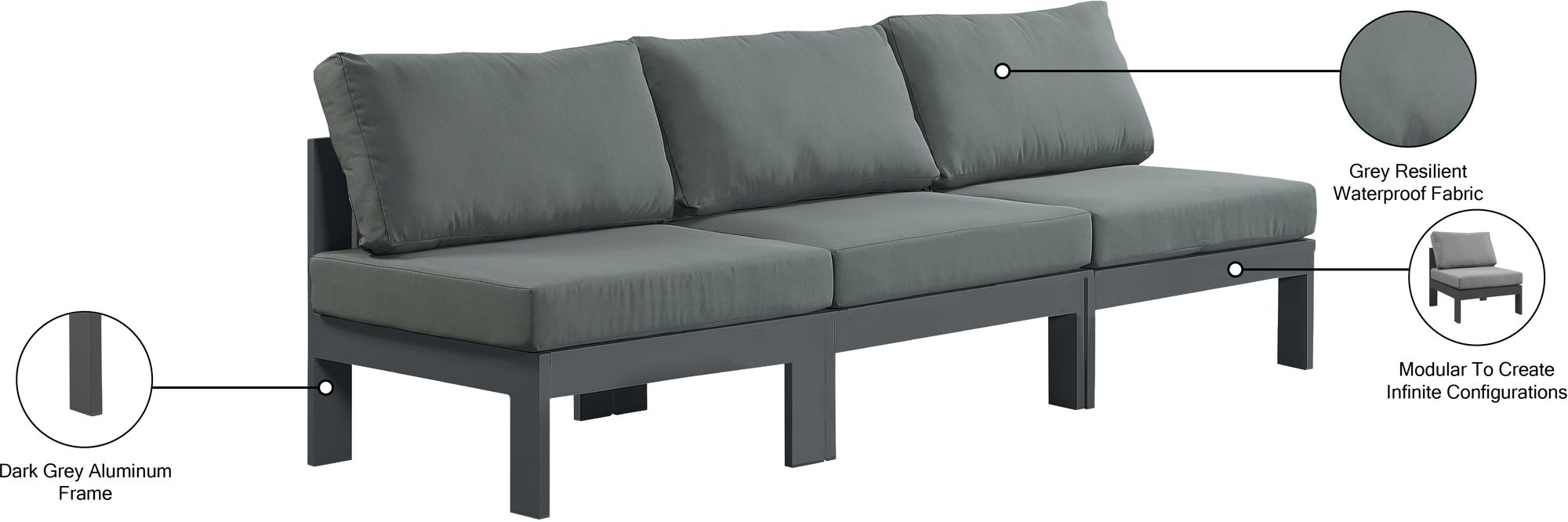 Nizuc 90" Outdoor Patio Waterproof Fabric Armless Modular Sofa with Dark Grey Aluminum Frame