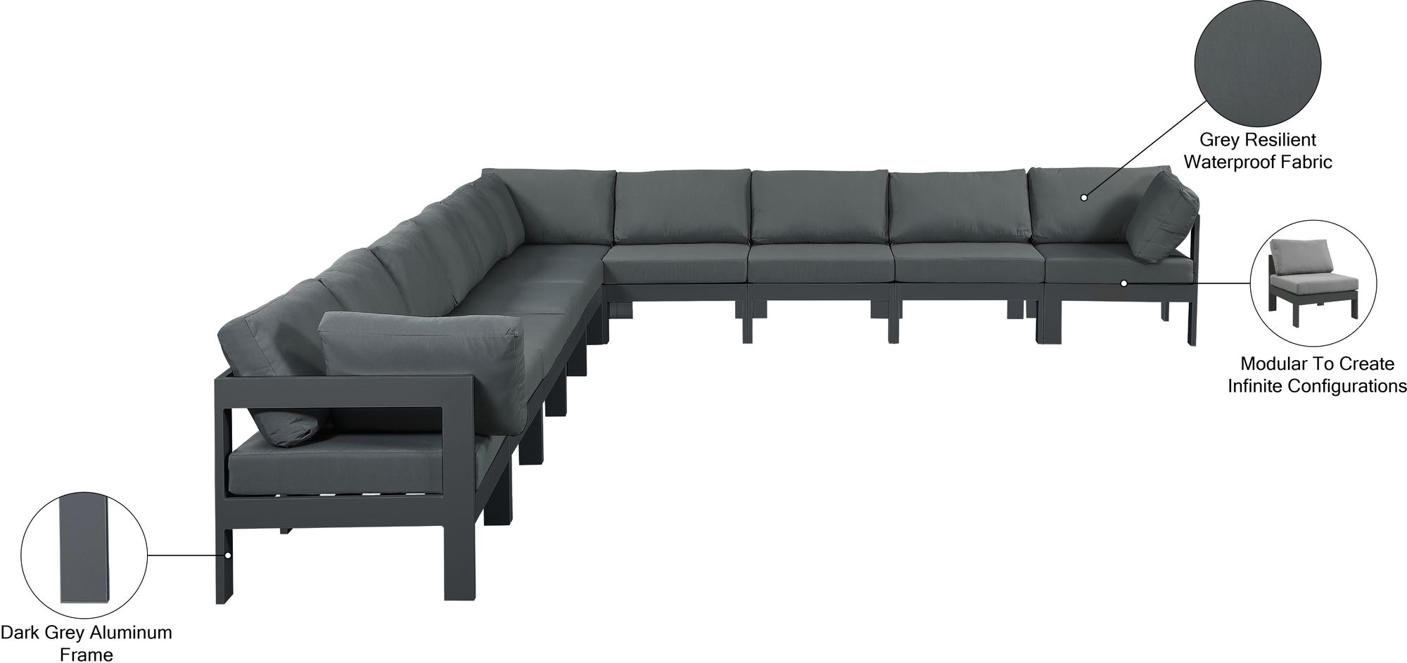 Nizuc 180" 10-Piece Outdoor Patio Waterproof Fabric Modular Sectional with Aluminum Frame