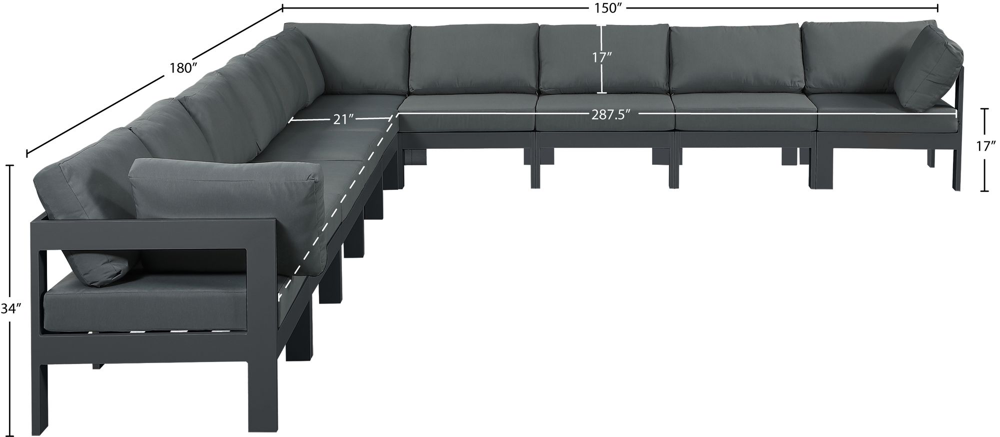 Nizuc 180" 10-Piece Outdoor Patio Waterproof Fabric Modular Sectional with Aluminum Frame