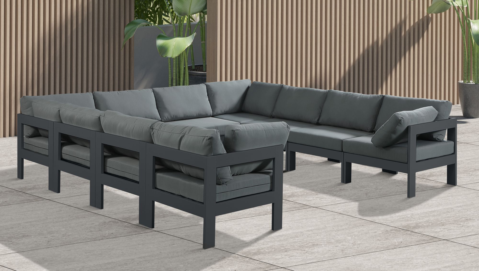 Nizuc 120" 10-Piece Outdoor Patio Waterproof Fabric Modular U-Shape Sectional with Dark Grey Aluminum Frame