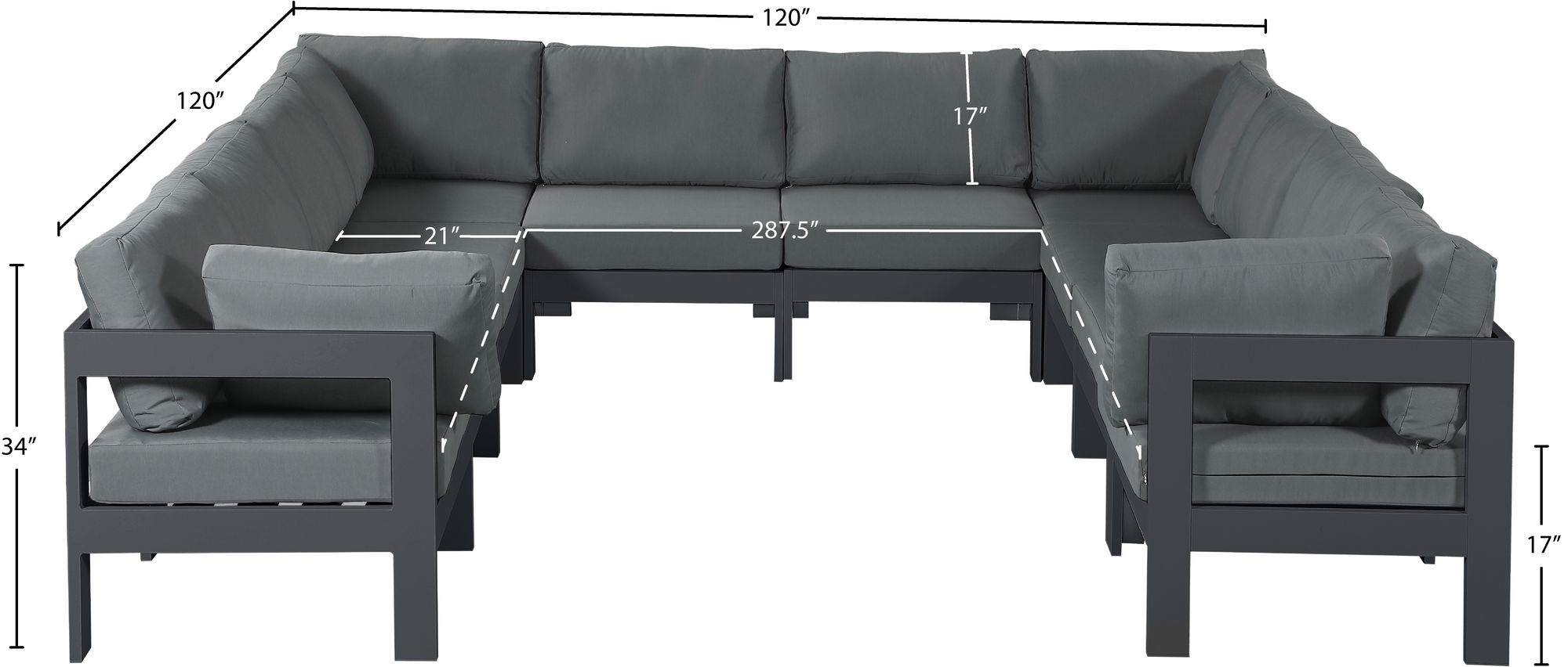 Nizuc 120" 10-Piece Outdoor Patio Waterproof Fabric Modular U-Shape Sectional with Dark Grey Aluminum Frame