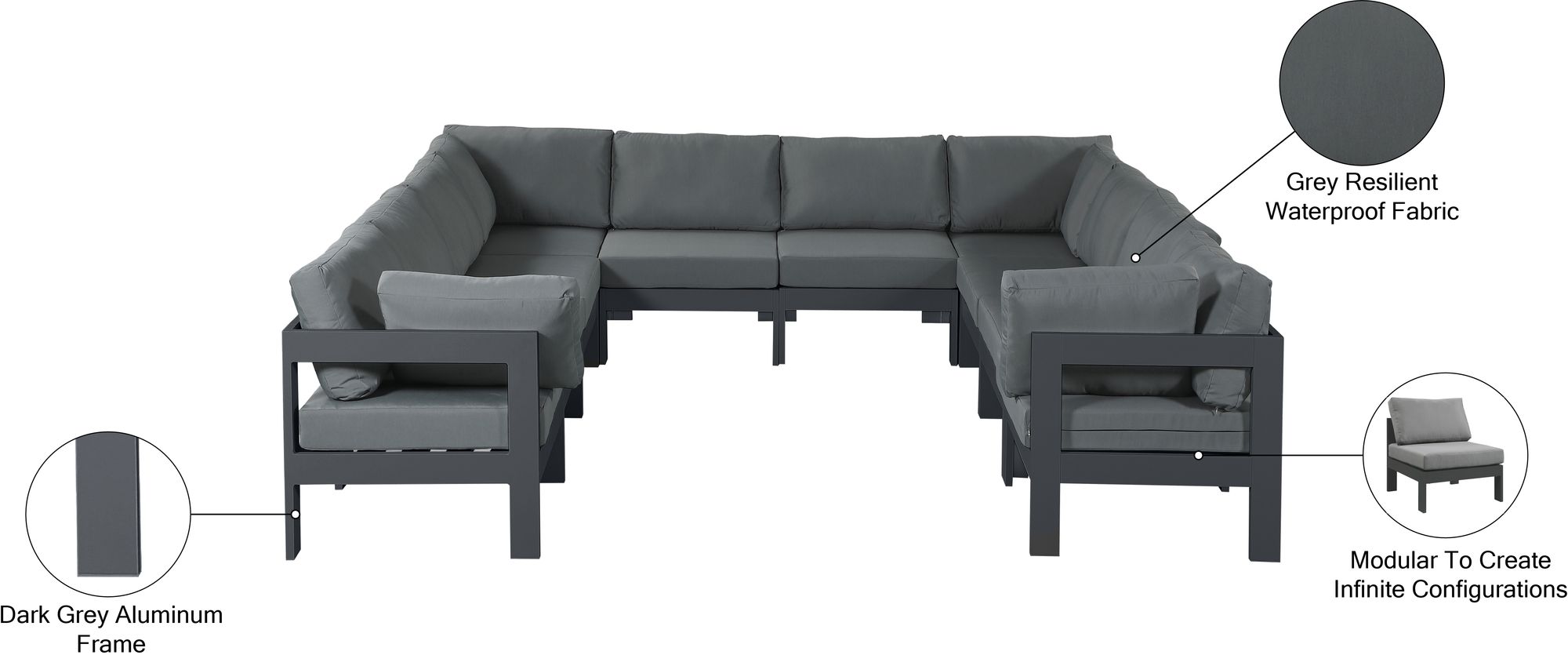 Nizuc 120" 10-Piece Outdoor Patio Waterproof Fabric Modular U-Shape Sectional with Aluminum Frame