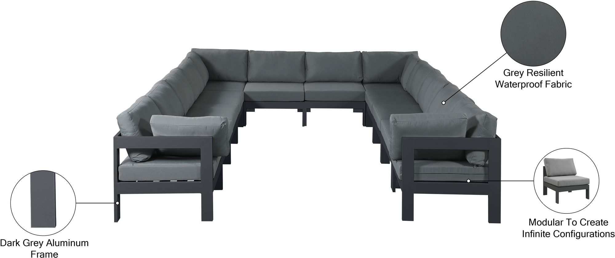 Nizuc 120" 12-Piece Outdoor Patio Waterproof Fabric Modular U-Shape Sectional with Dark Grey Aluminum Frame