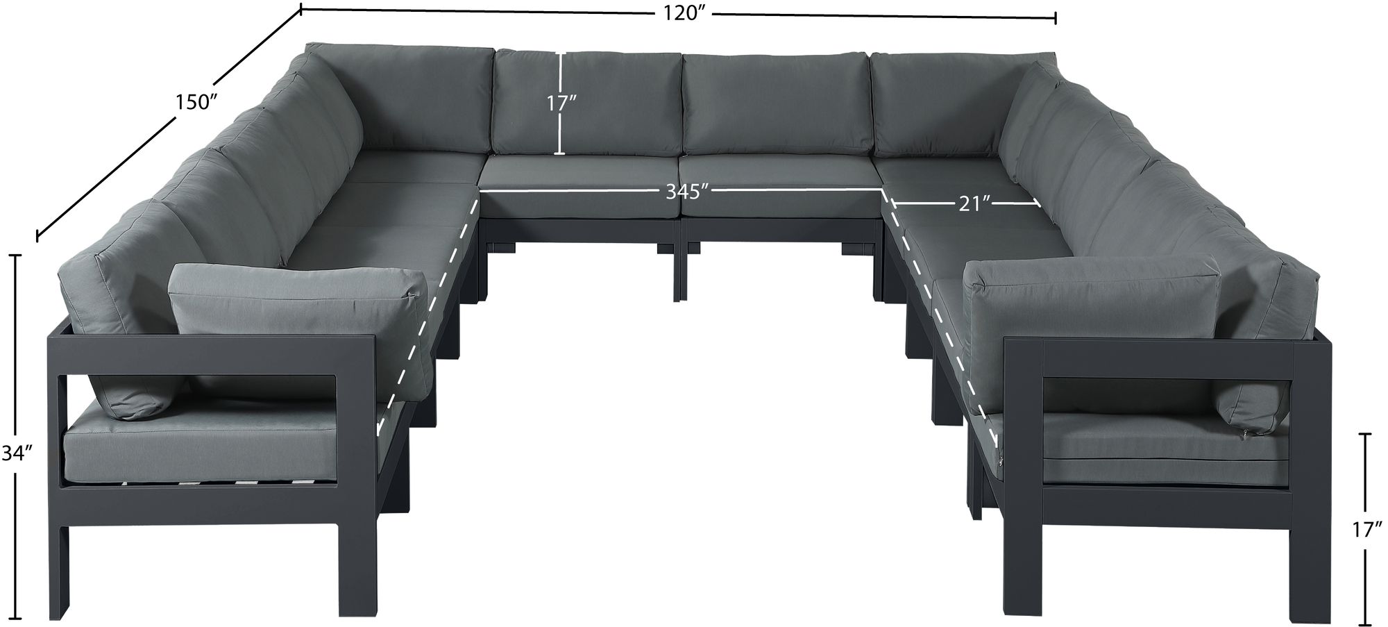 Nizuc 120" 12-Piece Outdoor Patio Waterproof Fabric Modular U-Shape Sectional with Aluminum Frame