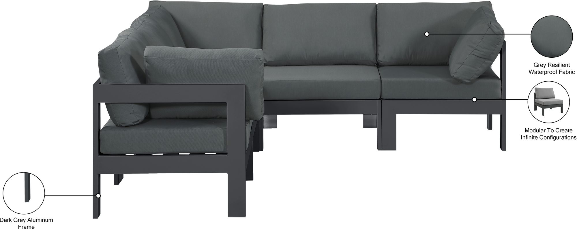 Nizuc 90" 5-Piece Outdoor Patio Waterproof Fabric Modular Armless Sectional with Dark Grey Aluminum Frame
