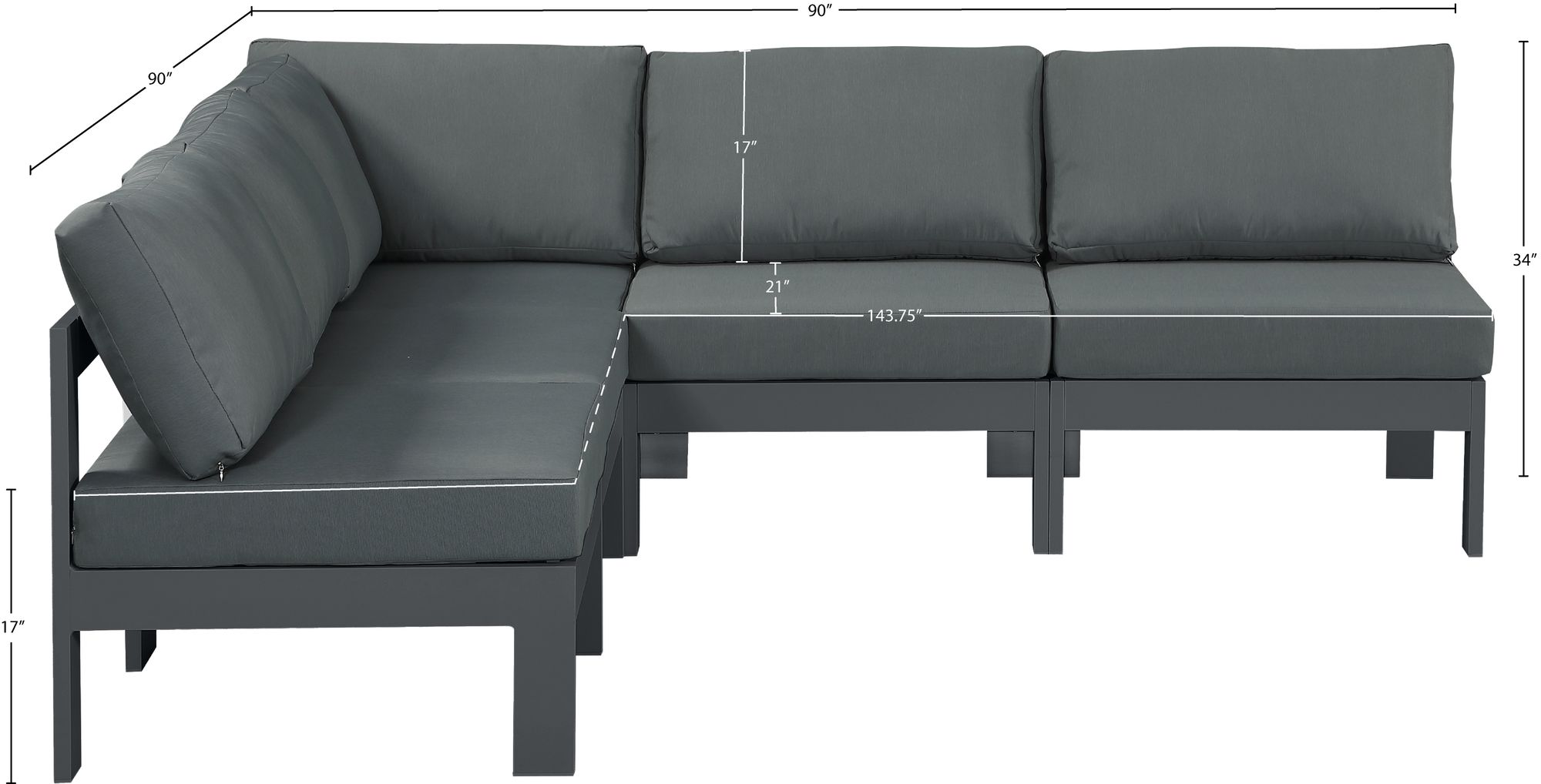 Nizuc 90" 5-Piece Outdoor Patio Waterproof Fabric Modular Armless Sectional with Aluminum Frame