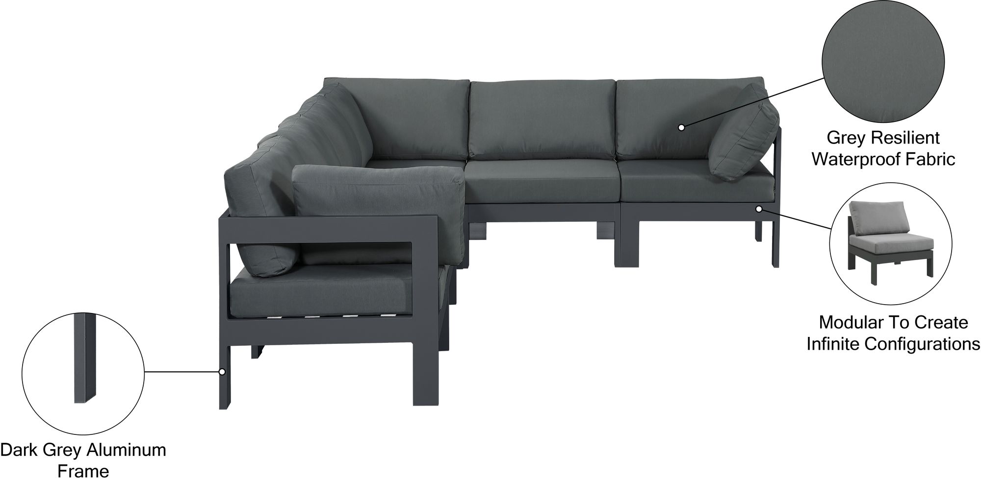 Nizuc 120" 6-Piece Outdoor Patio Waterproof Fabric Modular Sectional with Aluminum Frame