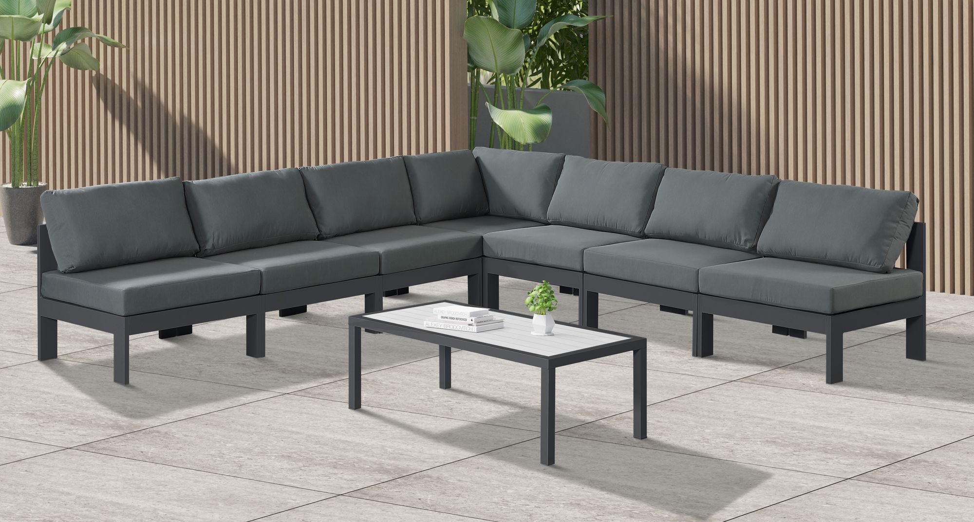 Nizuc 120" 7-Piece Outdoor Patio Waterproof Fabric Modular Armless Sectional with Dark Grey Aluminum Frame