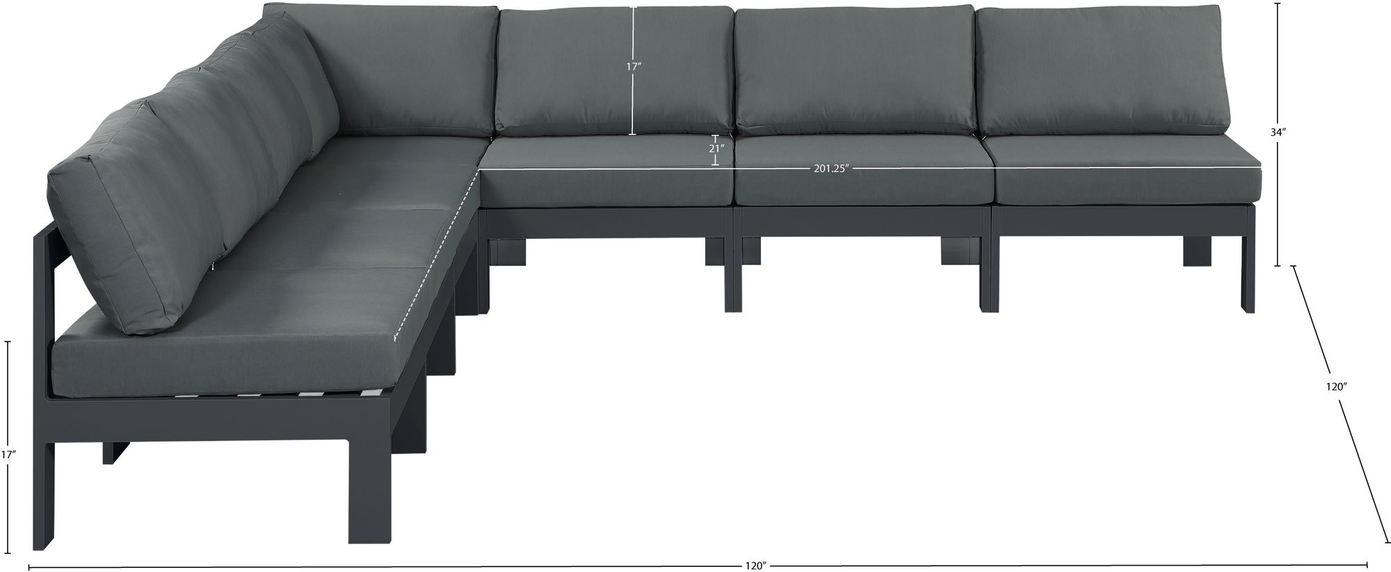Nizuc 120" 7-Piece Outdoor Patio Waterproof Fabric Modular Armless Sectional with Dark Grey Aluminum Frame
