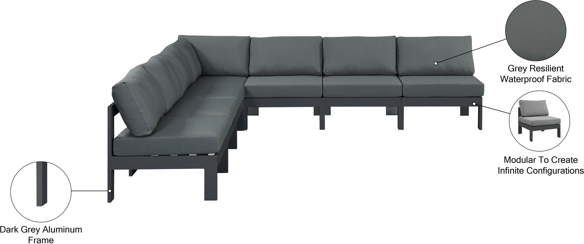 Nizuc 120" 7-Piece Outdoor Patio Waterproof Fabric Modular Armless Sectional with Dark Grey Aluminum Frame