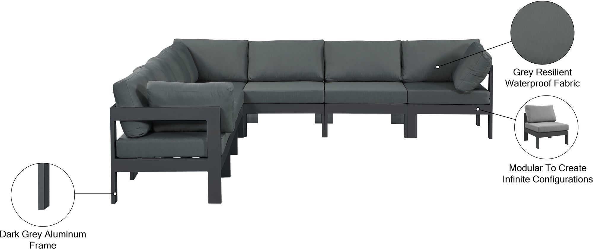 Nizuc 120" 7-Piece Outdoor Patio Waterproof Fabric Modular Sectional with Dark Grey Aluminum Frame