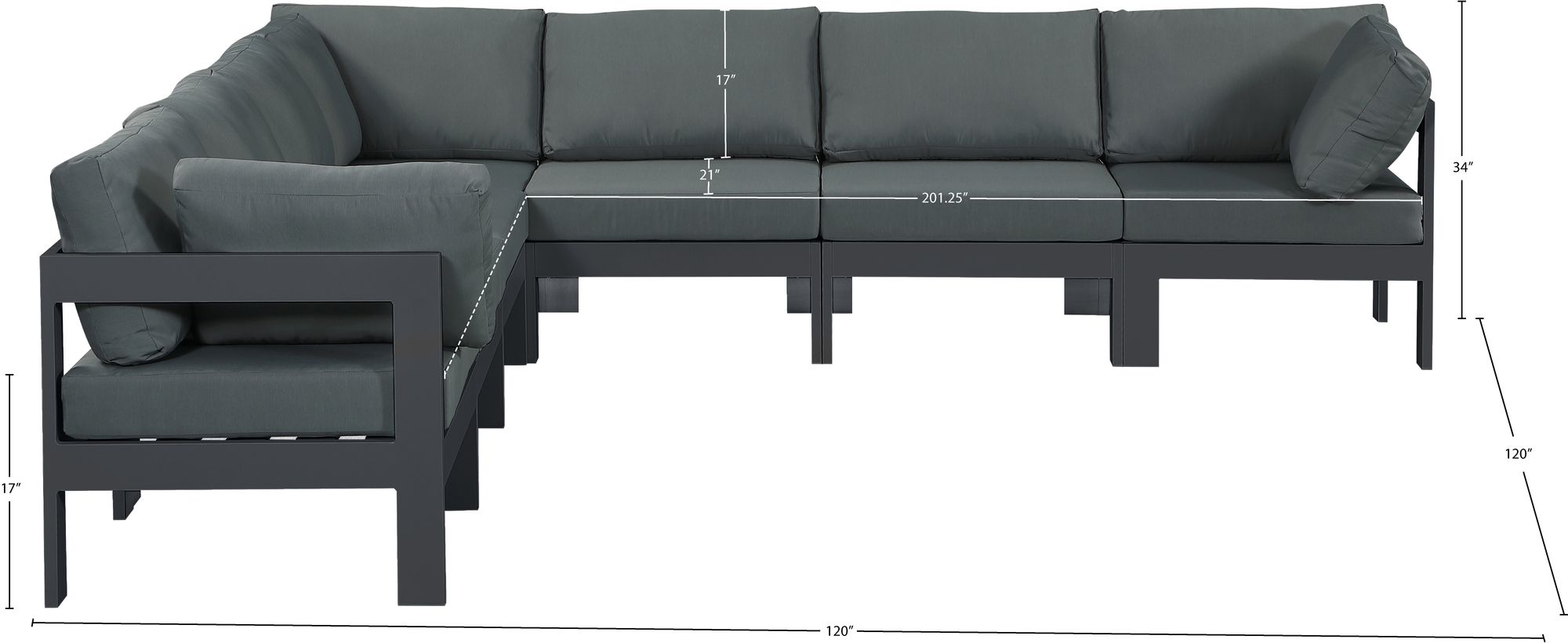 Nizuc 120" 7-Piece Outdoor Patio Waterproof Fabric Modular Sectional with Aluminum Frame