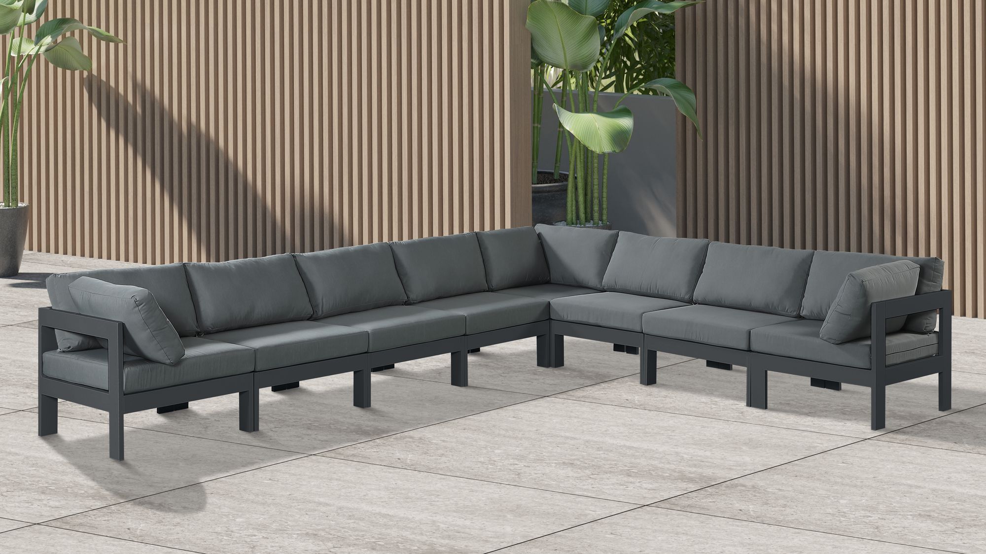 Nizuc 150" 8-Piece Outdoor Patio Waterproof Fabric Modular Sectional with Dark Grey Aluminum Frame